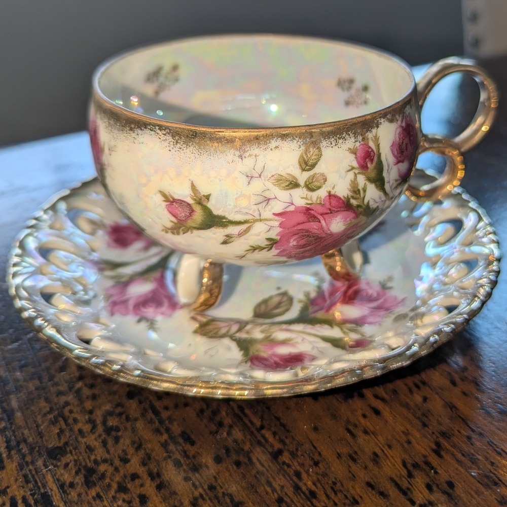 Vintage Royal Sealy China Pink Rose Lusterware Footed Teacup and Saucer Japan